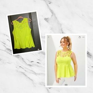 Neon Yellow Ladder Cut Yoke Peplum Top